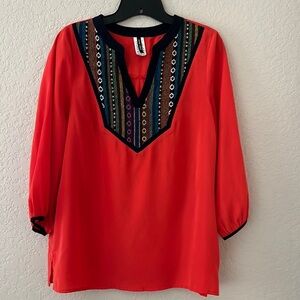 West 36th Women’s Orange Embroidered 3/4 Sleeve Boho Southwestern Blouse. SzM